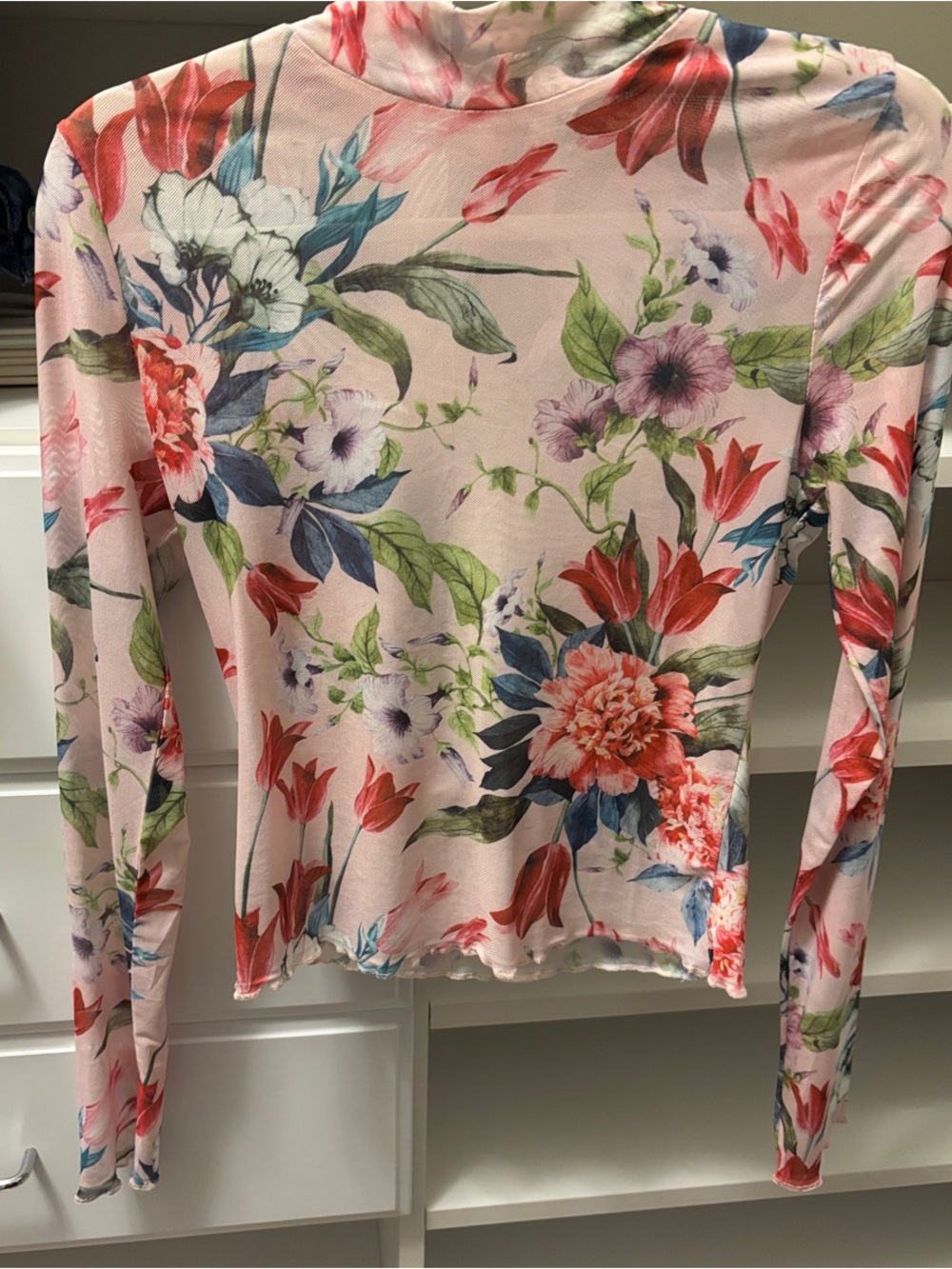 Floral Mock Neck Long-Sleeve Top in Soft Pink